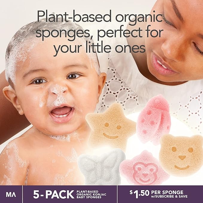 Konjac Baby Sponge for Bathing | Natural Cute Shapes | Kids Bath sponges for Infants | Toddler Bath time | Safe Organic Plant-Based | 5pcs Set : Bear, Monkey, Butterfly, Ladybug, Star