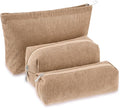 Huhumy 3 Pcs Makeup Bag Set for Women Corduroy Cosmetic Pouch Aesthetic Smile Travel Toiletry Bag Cute Purse Pouch Pencil Case Makeup Brushes Storage Organizer with Zipper(Khaki,Solid Style)