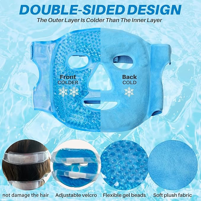 Ice Face Mask for Puffy Eyes & Dark Circles - Cooling Eye mask for Face, Eye Relief, Headaches, Skin Care & Post-Laser Care, Reusable & Washable - (Blue)
