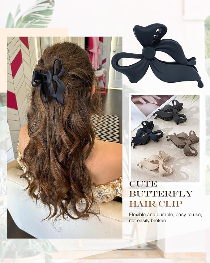4 PCS Bow Hair Clips Bow Claw Clip for Women, Large Hair Claw Clips for Thin Thick Long Hair Cute Nonslip Bows (Black+Grey+Dark Brown+Light Brown)
