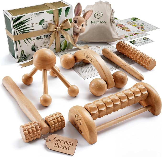 HELDSON® Wooden Therapy Massage Tools [6 Pieces] - Wood Rollers for Body Sculpting - Lymphatic Drainage Massager - Cellulite Tool - Maderoterapia Kit - Back Rolling Stick - Wellness Gifts Women, Men