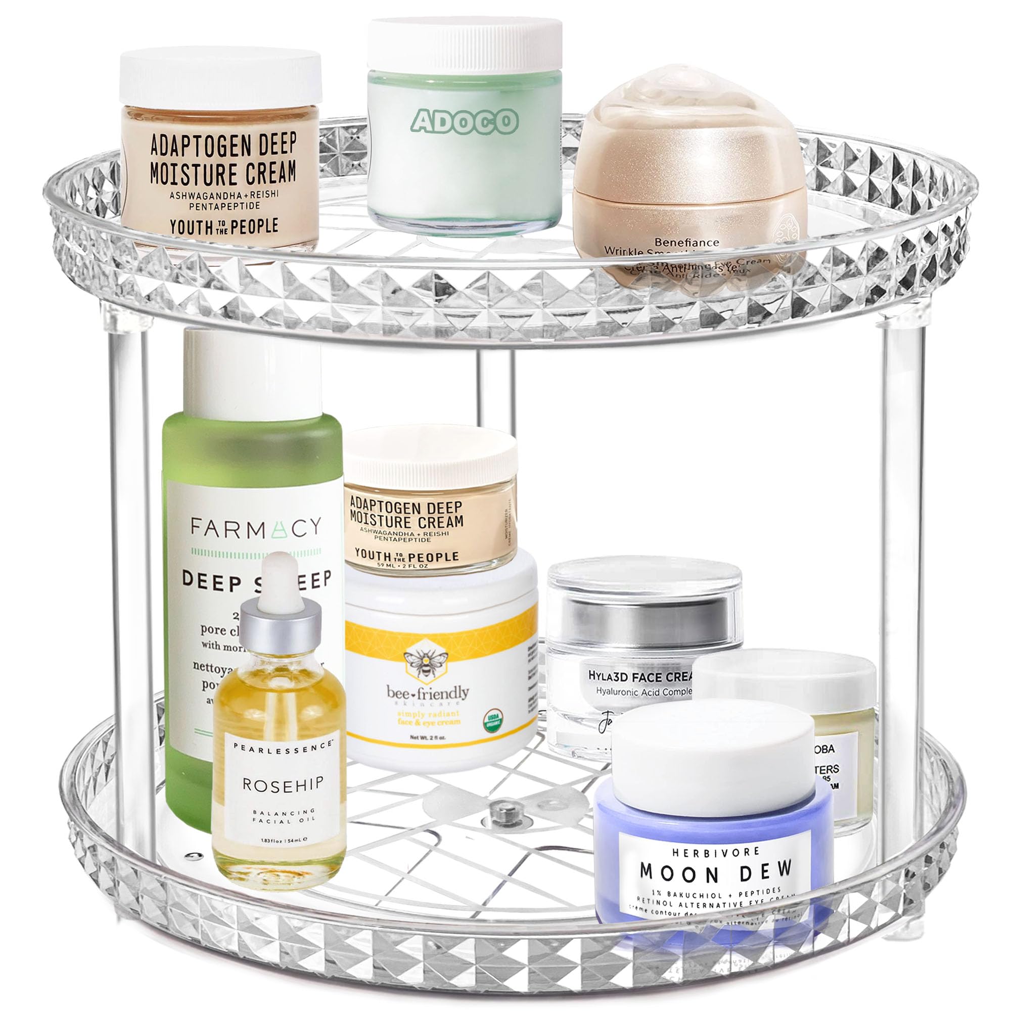 2 Tier Diamond Lazy Susan Bathroom Organizer Countertop, Clear 360 Rotating Cosmetic Makeup Organizer for Vanity, Skincare Organizers Perfume Organizer for Counter - Organization and Storage -9.25INCH