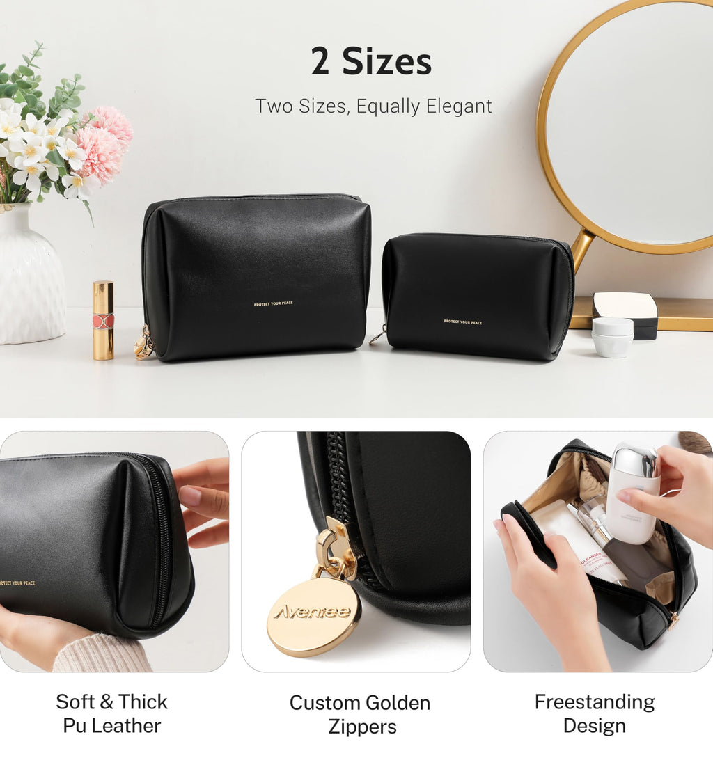 Aveniee Travel Makeup Bag Small, Vegan Leather Cosmetic Pouch for Purse, Wide-open Toiletry Organizer with Dividers & Zipper for Women-Black