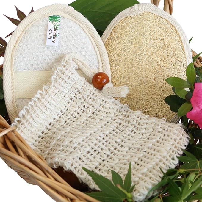 Natural Loofah Sponge Set with Soap Bag, Body Exfoliating Loofah Bath Scrubber for Shower, Shower Loofah for Women and Men, 3-pcs