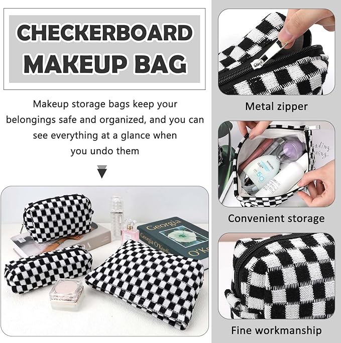 Gocvo 3 Pcs Makeup Bag Cosmetic Bag Set for Girls Women Checkered Travel Organizer Bathroom Toiletry Pouch Large Capacity Storage Bag (Black-White)