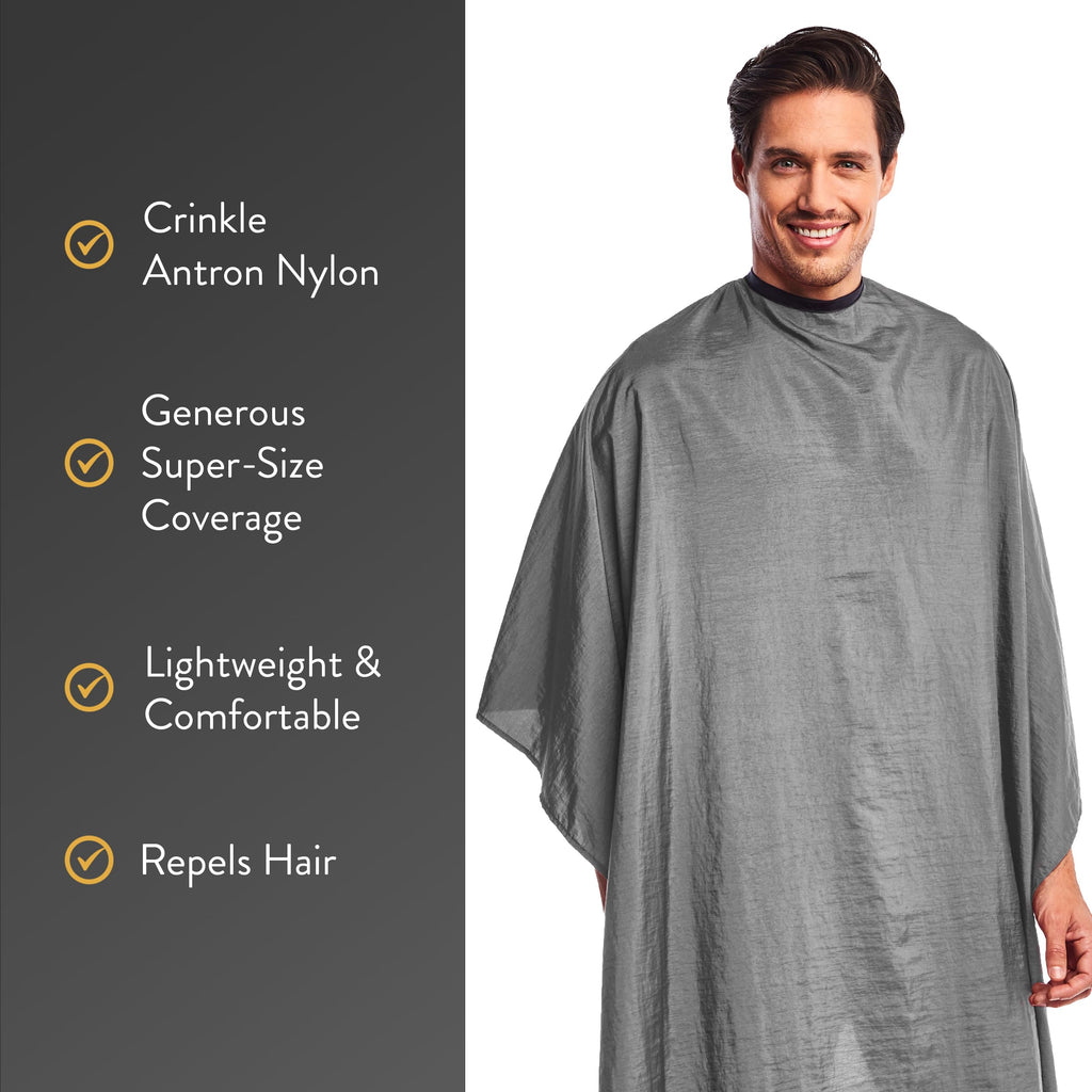 Betty Dain Lightweight Crinkle Nylon Hair Cutting/Styling Cape, Water Resistant, Ultra Lightweight Crinkle Antron Nylon, Repels Hair, Neck Snap Closure, Generous 54 x 60 Inch Size, Silver
