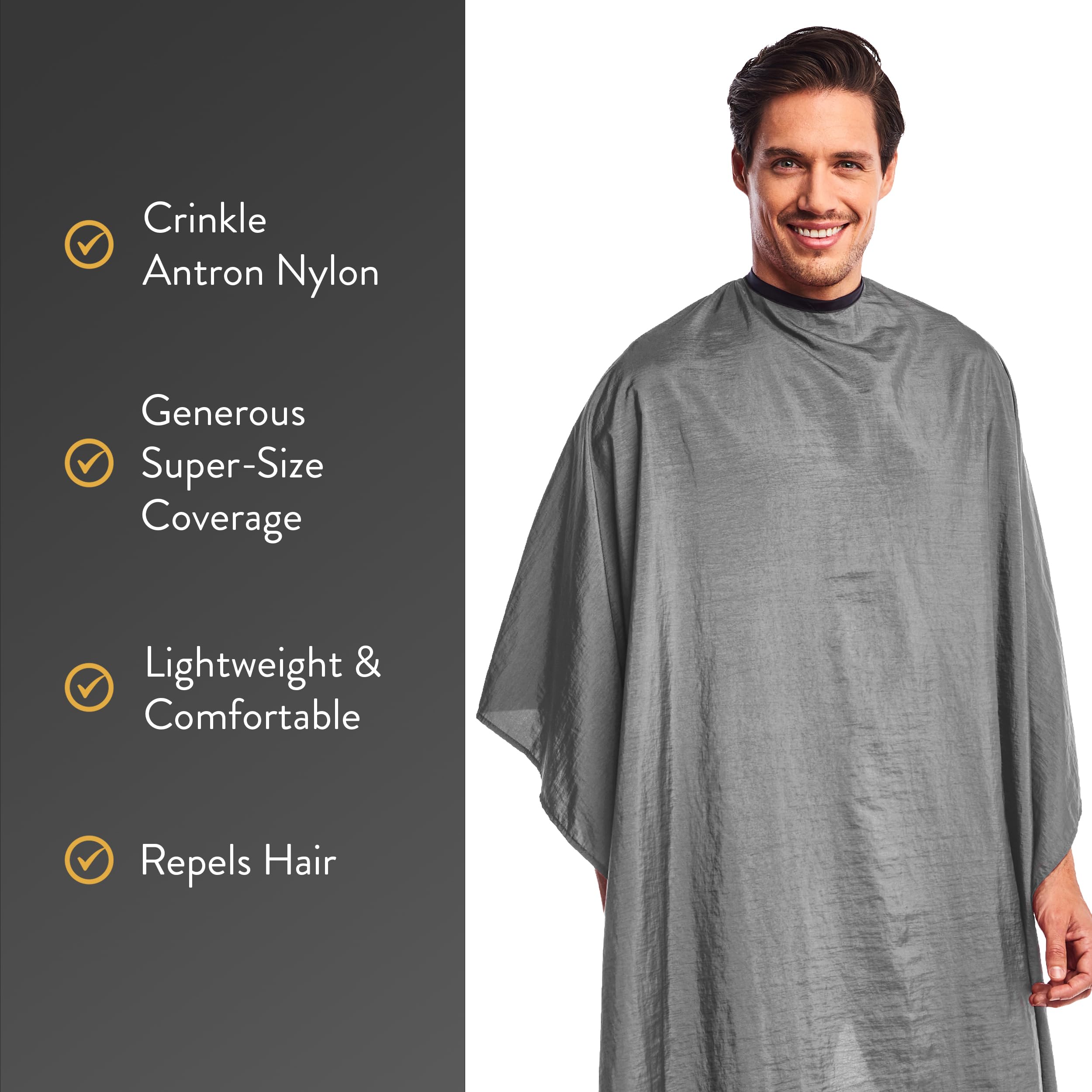 Betty Dain Lightweight Crinkle Nylon Hair Cutting/Styling Cape, Water Resistant, Ultra Lightweight Crinkle Antron Nylon, Repels Hair, Neck Snap Closure, Generous 54 x 60 Inch Size, Silver