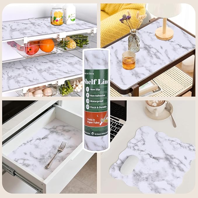 Shelf Liners for Kitchen Cabinets 12in x 10FT, Non Adhesive Drawer Liner Marble Pattern Thickened Shelf Liner Non-Slip Easy to Clean for Tool Box Refrigerator with Knife and Tape Measure