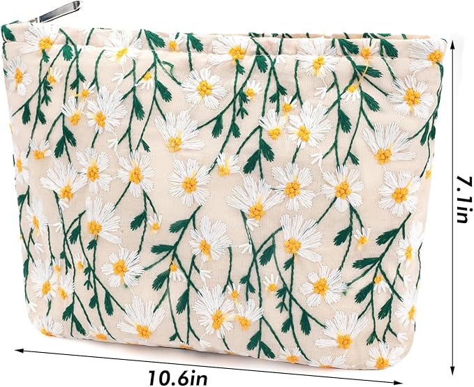URSKYTOUS Flower Makeup Bag Travel Daisy Floral Cosmetic Bag for Women Cute Makeup Pouch Zipper Cosmetic Pouch for Purse Jacquard Aesthetic Floral Skincare Bag Portable Travel Toiletry Bag Organizer