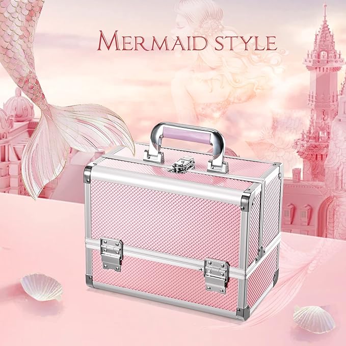 Joligrace 3-Tray Makeup Case with Mirror & Brush Holder, 11.6" Mermaid Pink
