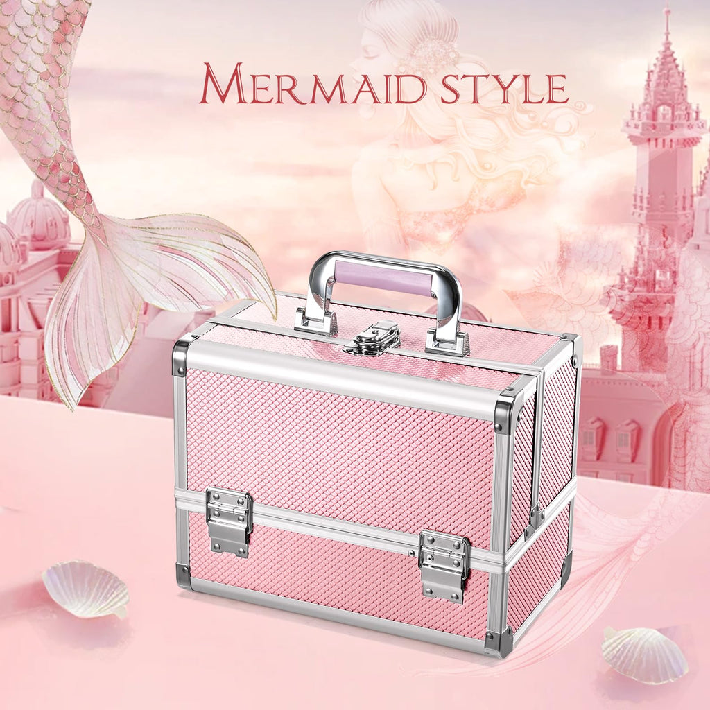 Joligrace 3-Tray Makeup Case with Mirror & Brush Holder, 11.6" Mermaid Pink
