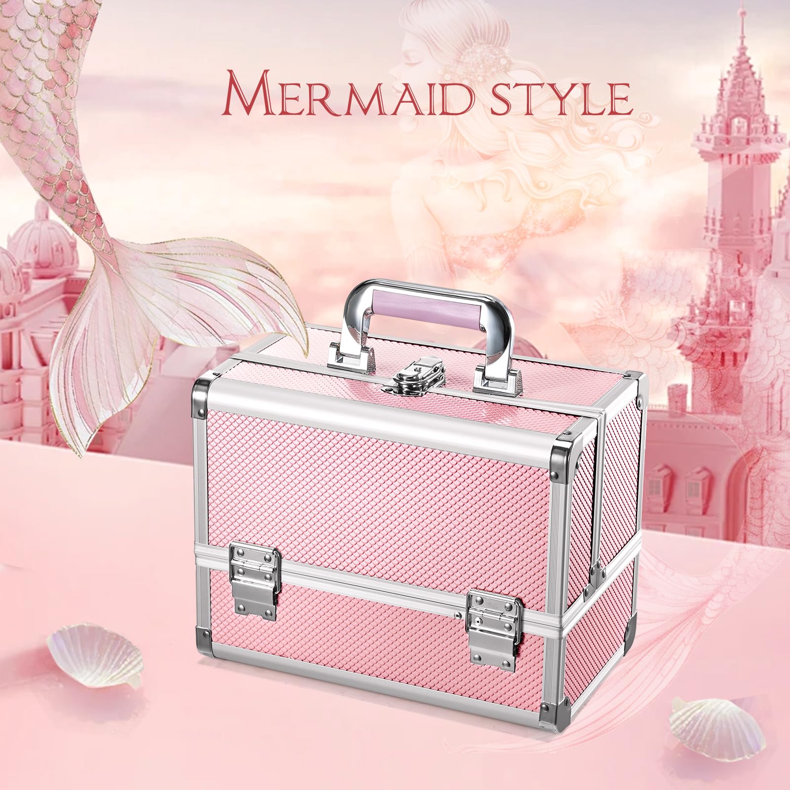 Joligrace 3-Tray Makeup Case with Mirror & Brush Holder, 11.6" Mermaid Pink