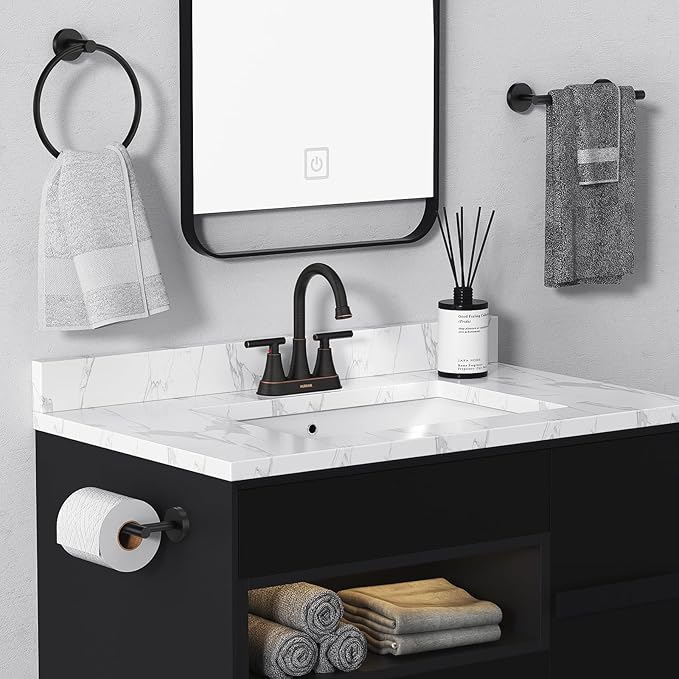 Bathroom Faucets for Sink 3 Hole, Hurran 4 inch Oil Rubbed Bronze Bathroom Sink Faucet with Pop-up Drain and Supply Hoses, Stainless Steel Lead-Free Centerset Faucets for Vanity RV