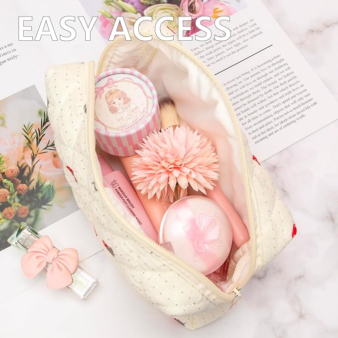 Small Quilted Makeup Bag,Zipper Cosmetic Pouch,Gauze Strawberry,2 Pack