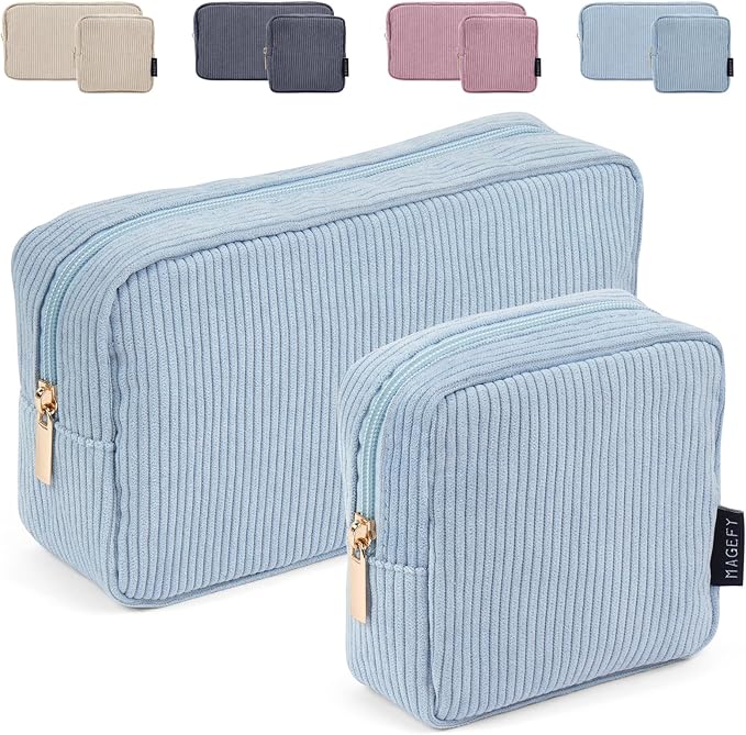 MAGEFY Makeup Bag for Purse, 2 Pcs Corduroy Cosmetic Bag for Girls Women Small Travel Makeup Pouch with Zipper(Blue)