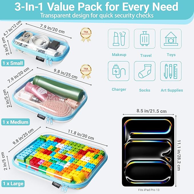 YQBRAO Clear Hard Shell Organizer Cases, 3-Pack, Blue