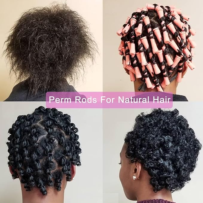 40 Pieces Hair Perm Rods For Long Short Hair Plastic Pink Perm Rods For Black Women Non-slip Hair Roller with Elastic Rubber Hairdressing Styling
