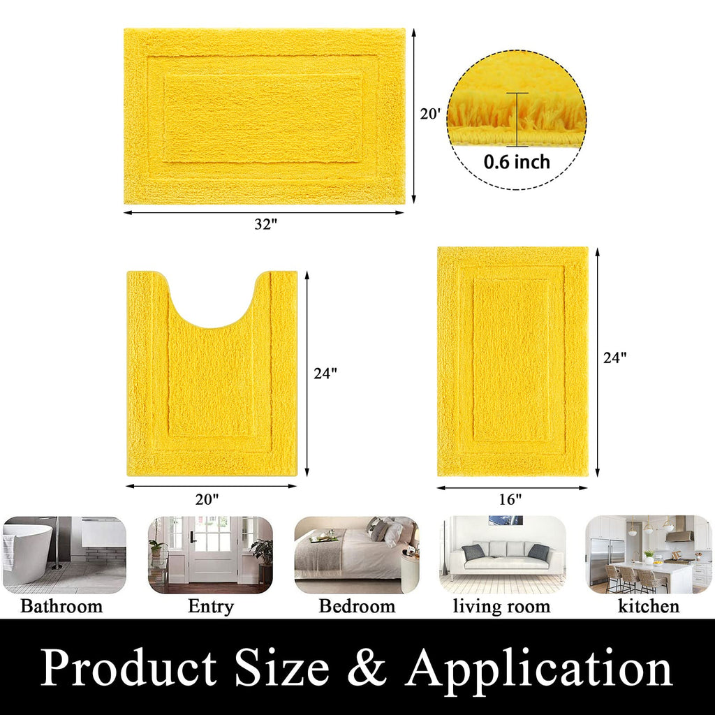 SHACOS Yellow Bathroom Rugs Sets 3 Piece Bath Mat U Shaped Toilet Rug
