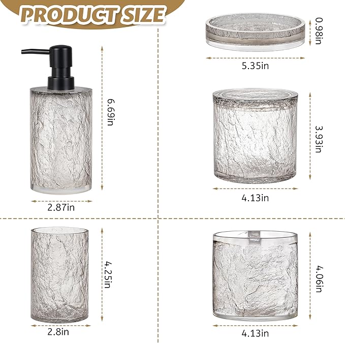 RQYIXI 5 PCS Resin Bathroom Accessories Set, Silver-Grey, Minimalist Luxury