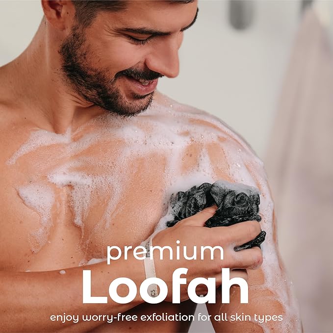 MainBasics Shower Loofah Sponge Pouf, Set of 3, Triple Black