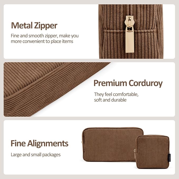 MAGEFY Makeup Bag for Purse, 2 Pcs Corduroy Cosmetic Bag for Girls Women Small Travel Makeup Pouch with Zipper(Brown)