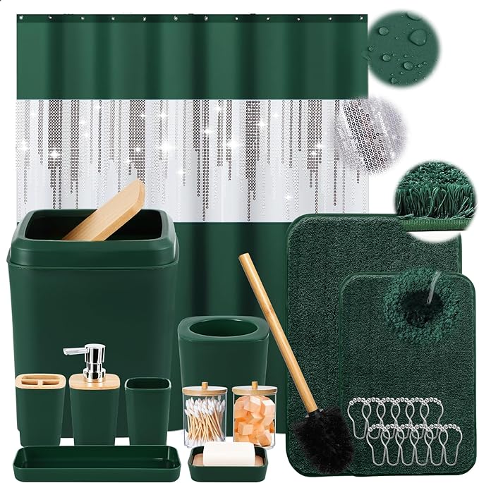 Dark Green Bathroom Sets with Shower Curtain and Rugs,Bathroom Sets Shower Curtain Set with Extra Soft and Absorbent Bathroom Rugs Green Bathroom Accessories