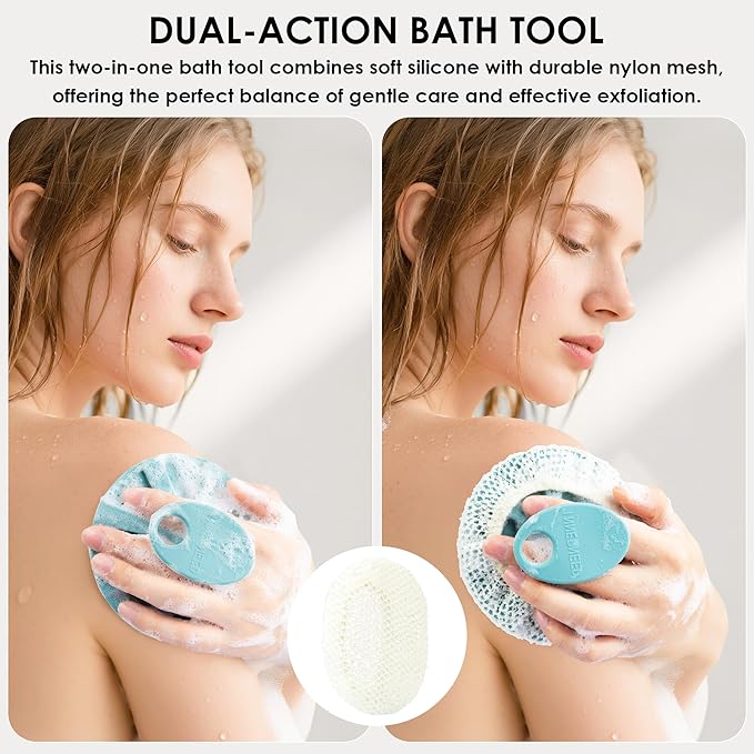 Food-Grade Silicone Body Scrubber with Exfoliating Net Sponge Case, 4pcs