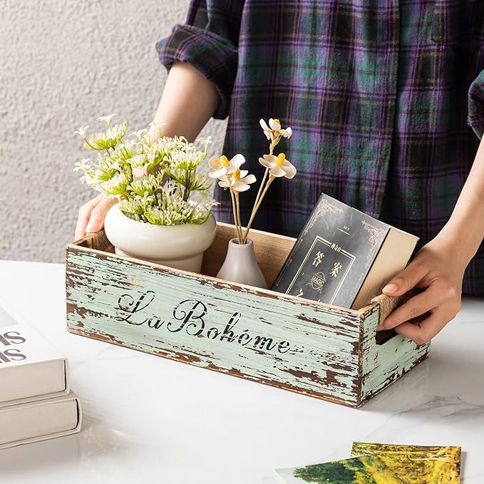 TIMRIS Farmhouse Distressed Wooden Storage Box, Rustic Bathroom Decor Box, Decorative Toilet Tank Basket Nice Butt, Vintage Countertop Organizer Box with Handles (Distressed Green)
