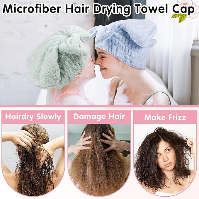 IJRPLM 4 Pack Microfiber Hair Towel Cap,Super Absorbent Hair Towel Wrap Drying Hair Cap,Soft Microfiber Hair Drying Towel Cap with Bow-Knot,Anti Frizz Hair Turban Wrap for Curly Long Wet Hair