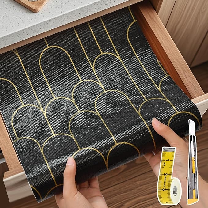 Shelf Liners for Kitchen Cabinets Drawer Liner 17.5in x 30FT Non Adhesive Black Gold Line Thickened Refrigerator Shelf Liner Paper Strong Easy to Clean for Tool Box with Knife and Tape Measure