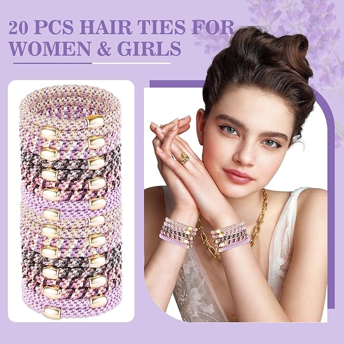 FORENEE Hair Ties No Damage - 20PCS Ponytail Holders - Elastic Hair Ties for Thick Hair - Braided Hair Bands for Women Girls's Hair - Violet