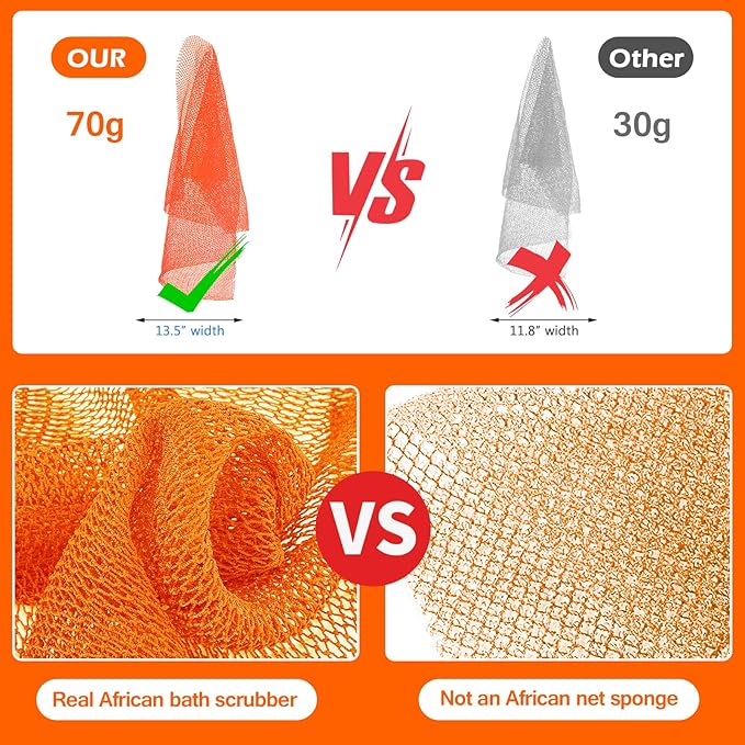 African Net Sponge, Authentic Exfoliating Body Scrubber for Bath and Shower, Multiple Textures with Gentle Deep Exfoliating and Rich Lather for All Skins (Orange)