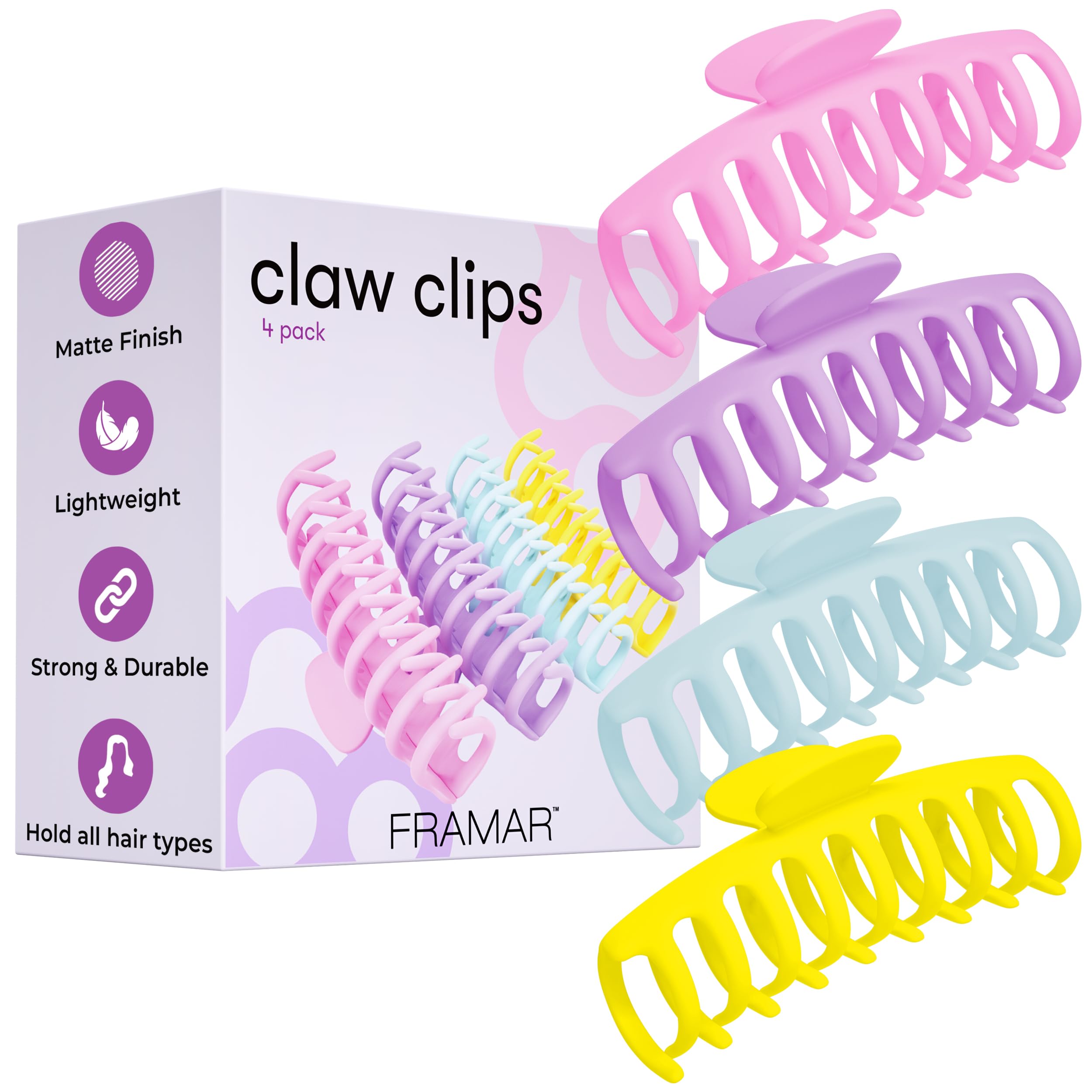 FRAMAR Large Claw Clips For Thick Hair – Large Hair Clip For Thick Hair, Big Hair Clips For Women, Hair Claws Clips For Women, Pastel Hair Clips, Pastel Claw Clip - 4 Pack Non Slip Matte Finish