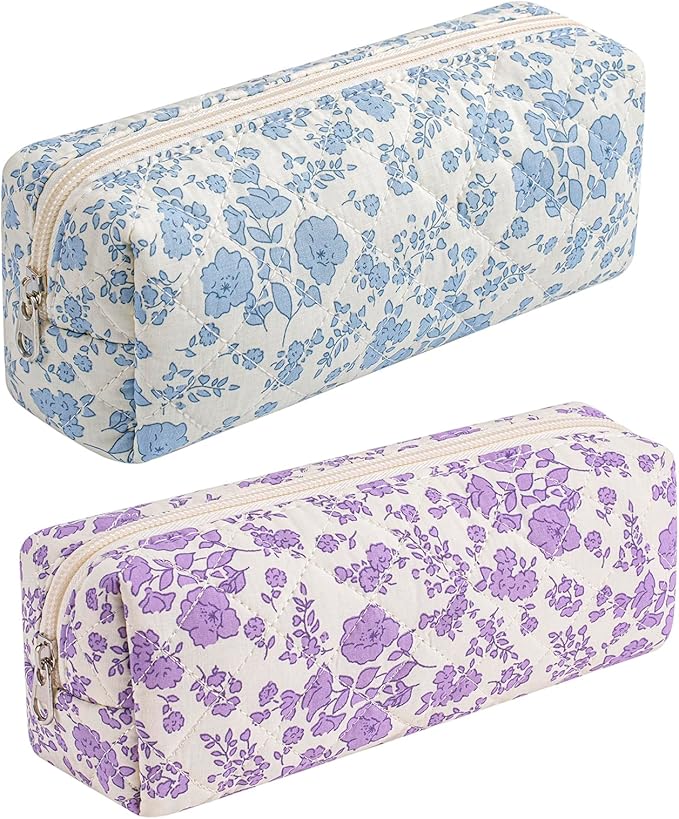 HHQQWZ Cute Floral Cotton Makeup Brush Cosmetic Bag for Women, Travel Quilted Zipper Make Up Bag, Flowers Toiletry Organizer Case Kawaii Makeup Cosmetic Travel Cloth Pouch (Blue+Big Purple Floral)