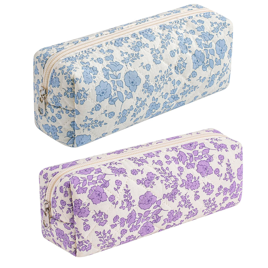 HHQQWZ Cute Floral Cotton Makeup Brush Cosmetic Bag for Women, Travel Quilted Zipper Make Up Bag, Flowers Toiletry Organizer Case Kawaii Makeup Cosmetic Travel Cloth Pouch (Pink Bowknot)