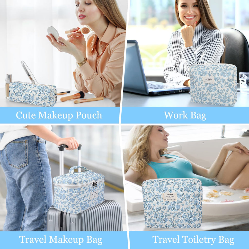 Gosect Quilted Makeup Bag Set, 3pc Large Floral Cosmetic Bag for Women, Cute Cotton Makeup Bags, Flower Travel Toiletry Organizer Bag (White Pink Small Bow)