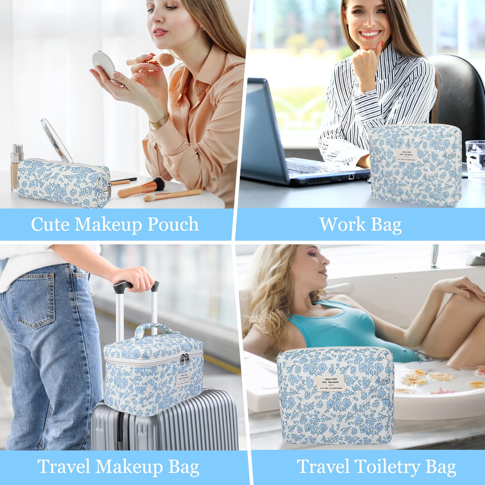 Gosect 3PC Makeup Bag Set, Quilted Makeup Bag Set, Large Floral Cosmetic Bag for Women, Cute Cotton Makeup Bags, Flower Travel Toiletry Organizer Bag (White Pink Bow Tie)