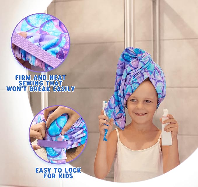 WAWSAM Kids Hair Drying Towel Wrap - Microfiber Hair Towel for Girls, Quick Dry Hair Cap with Button & Elastic Loop, 2 Pack (Rainbow&Purple)