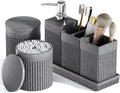 InnJoey 6-Piece Bathroom Set Grey - Stone Textured Resin Bathroom Organizer with Soap Dispenser, Toothbrush Holder, Vanity Tray, Tumbler & Cotton Swab Jars for Small Spaces