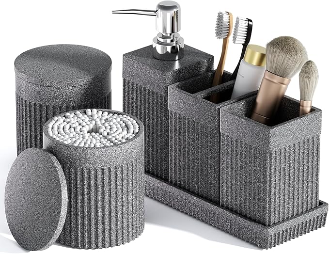 InnJoey 6-Piece Bathroom Set Grey - Stone Textured Resin Bathroom Organizer with Soap Dispenser, Toothbrush Holder, Vanity Tray, Tumbler & Cotton Swab Jars for Small Spaces