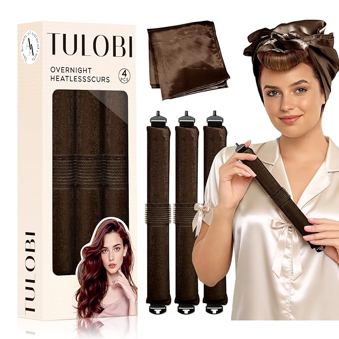 TULOBI 3 Pcs Heatless Curls Overnight - Velvet Heatless Hair Curler with Satin Scarf, Overnight Jumbo Rods, Blowout Hair Curlers to Sleep in for Fine/Thick/Long Hair (Brown)