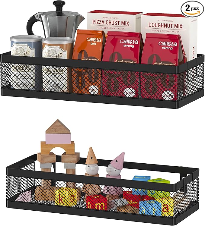 PUSDON Mesh Shower Caddy Wall Mount, Heavy Duty Adhesive Bathroom Shelf Organizer, Rustproof Floating Spice Rack for Kitchen Pantry, Holds 50 LBS, Multi-Purpose Storage Black-2 Packs (Netting)