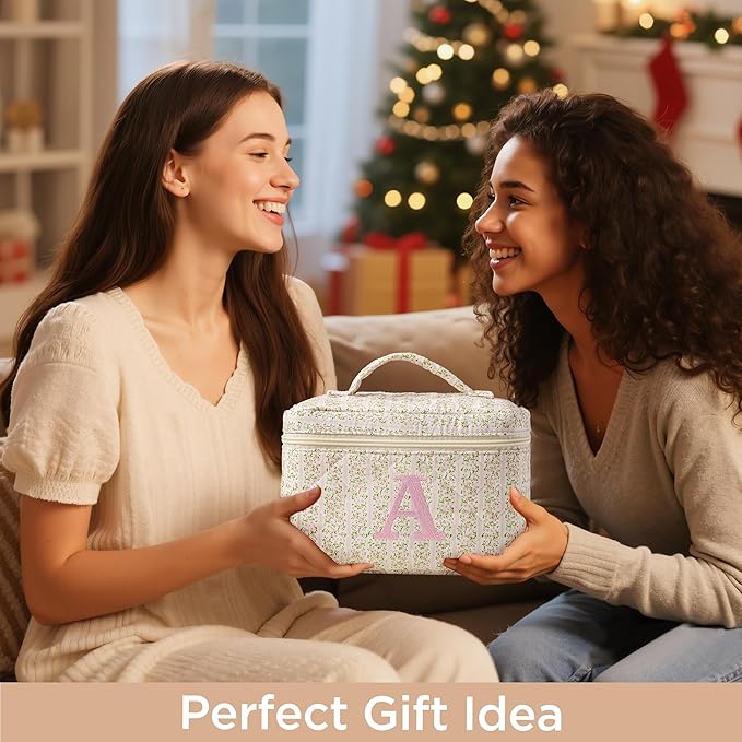 HBselect 2Pcs Initial Quilted Makeup Bag, Pink Cosmetic Travel Toiletry Bag, Flowers Coquette Zipper Make Up Pouch Organizer Teen Girl Gift Trendy Stuff K