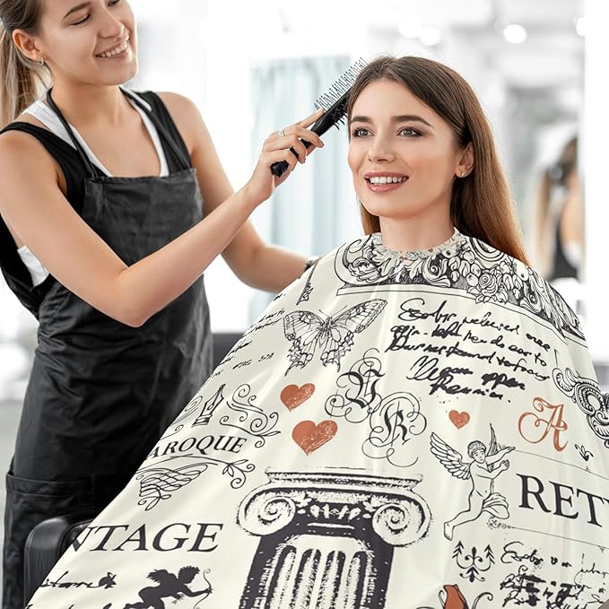 visesunny Barber Cape Vintage Style Red Rose And Art Object Polyester Hair Cutting Salon Cape Apron Anti-Static Haircut Water-Resistant Shaving Cloth Beard Shaving Bib Hairdressing Cape