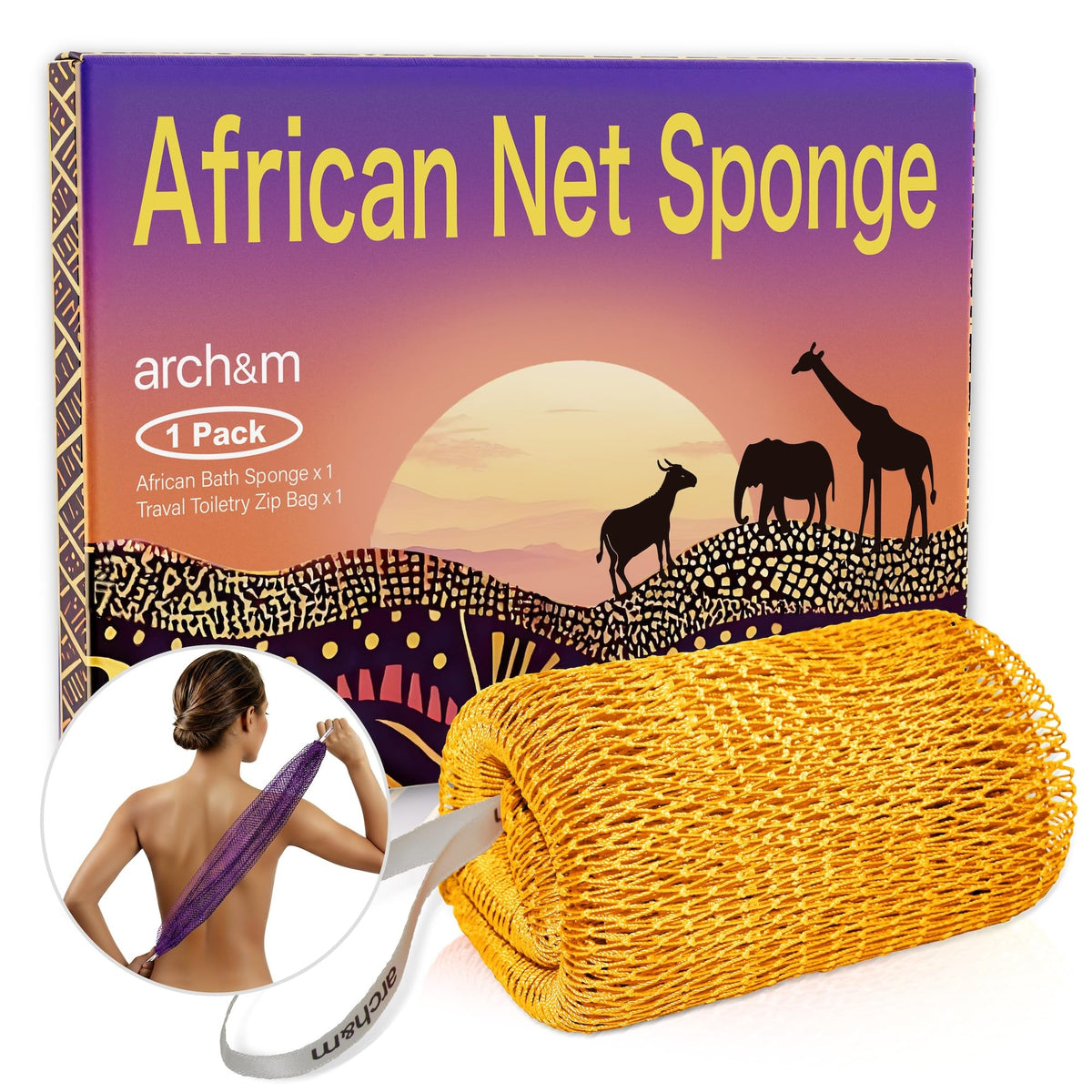 ARCH&M African Net Sponge Authentic with Knots, 2 Pack 53" Extra-Long
