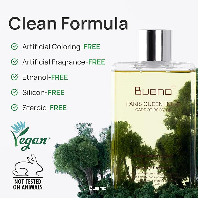 Bueno+ Paris Queen Huile Carrot Body Oil | Fast-Absorbing Non-Greasy Glow Formula | Brightens & Hydrates with Carrot Extract & Beta-Carotene | Fresh Green Floral Scent | All Skin Types | 6.7 Fl Oz