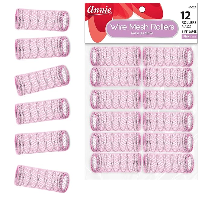 Annie Wire Mesh Rollers – Large 1 1/2 Inch Hair Curlers for Tight Curls & Ringlets, Heatless Styling Tools for Short to Long Hair – 12 Count (Pink)