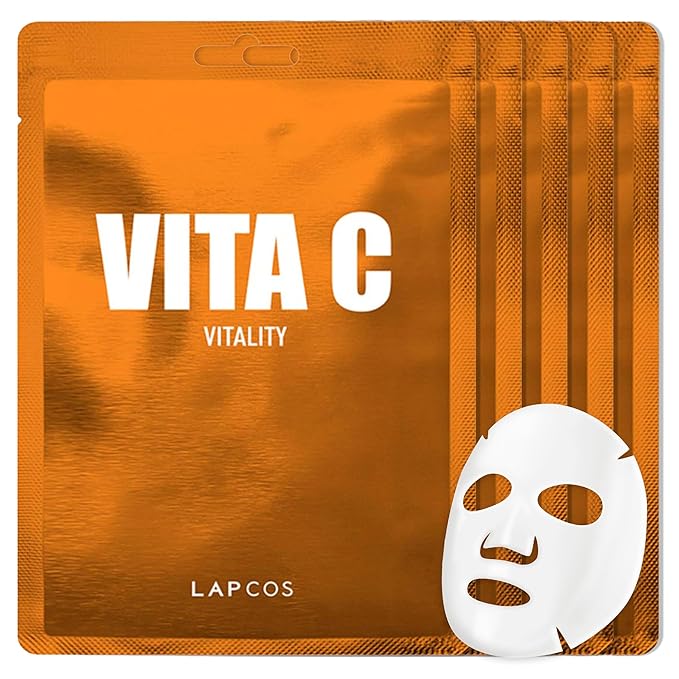 LAPCOS K Beauty Vita C Sheet Mask - Rejuvenating & Revitalizing Face Masks with Vitamin C for Dull, Tired Skin - Highly Breathable Eucalyptus-derived Tencel Sheet - Korean Skin Care (Pack of 5)
