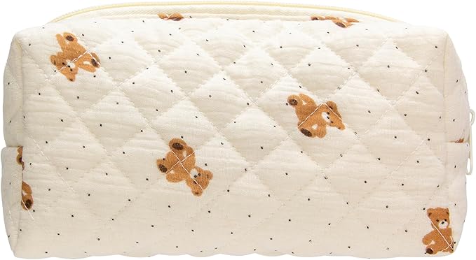 PAZIMIIK Small Quilted Makeup Bag,Zipper Cosmetic Pouch,Gauze Bear