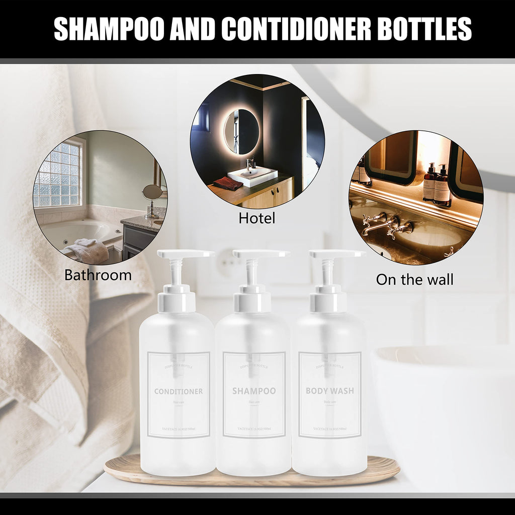 Shampoo Bottles Refillable with Pump, YACEYACE 3Pcs 16.9oz Matt Clear Empty Shampoo Dispenser, Shower Soap Dispenser, Refillable Shower Bottles with Labels, Conditioner Dispenser